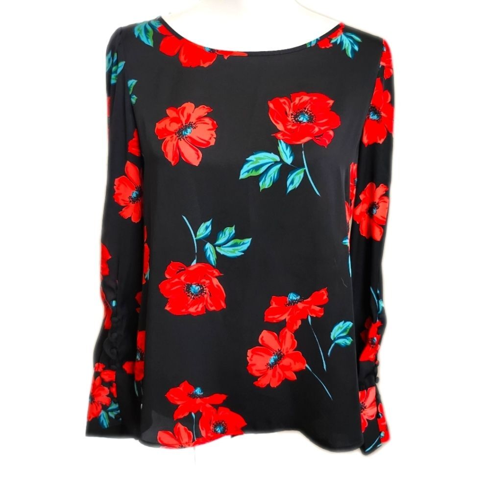 Express Pretty Poppies Bold Floral Boho Blouse, black red & green, S